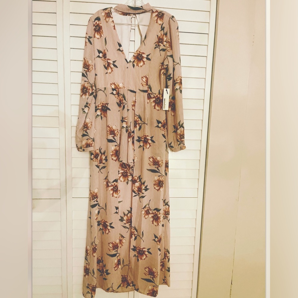 NWT Peach Pinstriped floral plunge 2-in1 Maxi Dress Romper Large Cottagecore - Picture 3 of 10